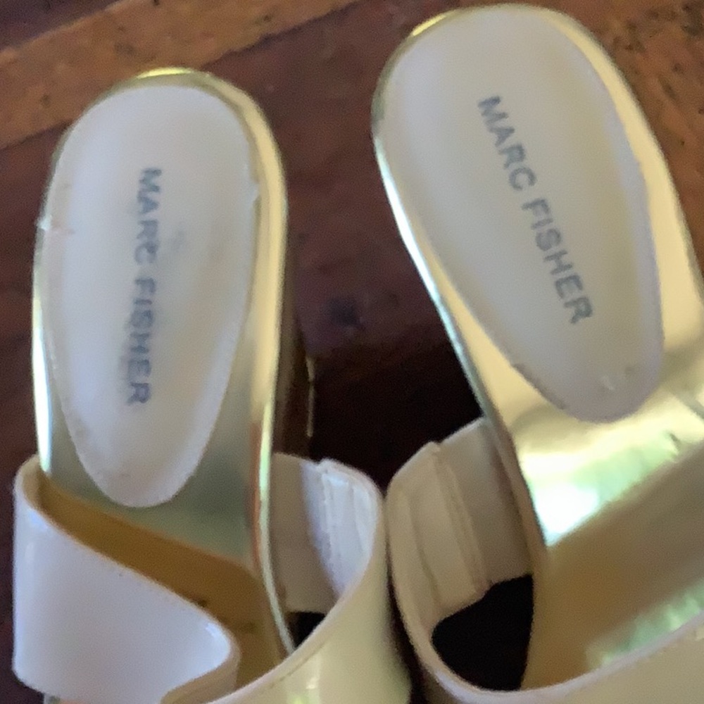 Marc Fisher Glossy Ivory Cork Wedge Slide Sandals - Picture 2 of 3